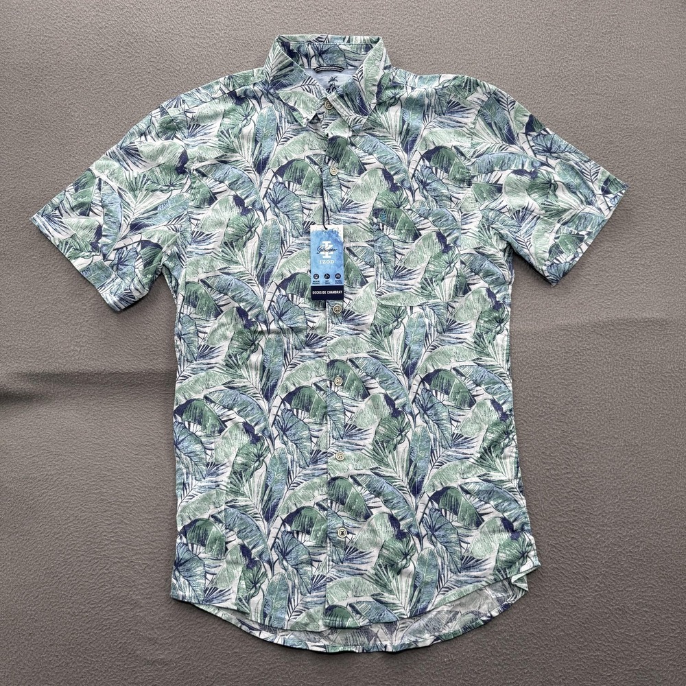 IZOD Saltwater Shirt Mens Small Green Palm Print Chambray Short Sleeve Button Up